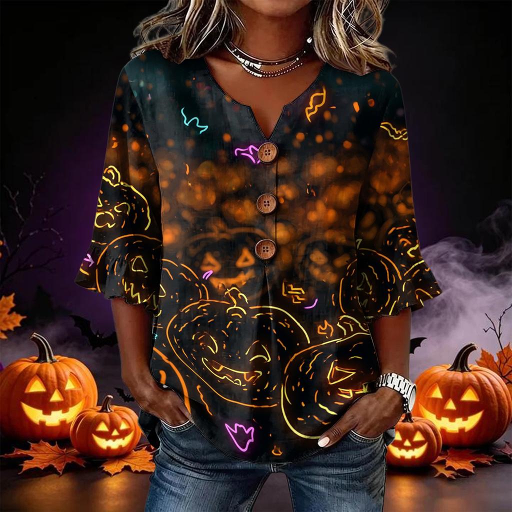 Women's Casual Loose Fit Halloween Print Lace Sleeve Blouse Top