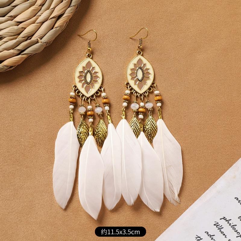 Bohemian Feather Earrings White Long Vintage Personality Tassel Women's Holiday Earrings