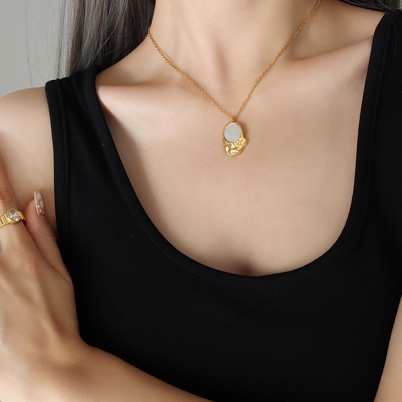 Korean-Inspired Irregular Mother-of-Pearl Pendant Necklace & Earring Gold-Plated Set