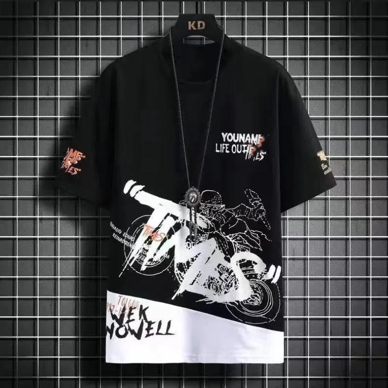 Men's Trend Letter Print Tops Tees Summer Short Sleeve O-neck Plus Size Contrast Loose T Shirts Fashion Casual Clothing