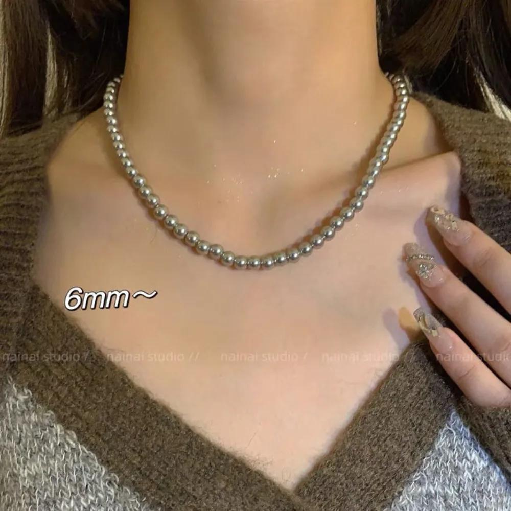 Temperament Gray Pearl Beaded Necklace for Women Retro Light Luxury Fashion 2026 New Sweater Chokers Chain Jewelry Accessories