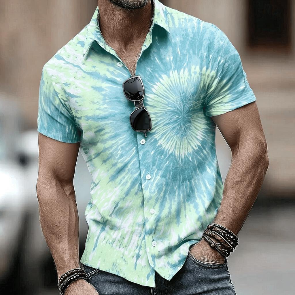 Men's Pink Purple Neon Tie Dye Print Short Sleeve Shirt, Retro Psychedelic Button Up Shirt for Spring & Summer