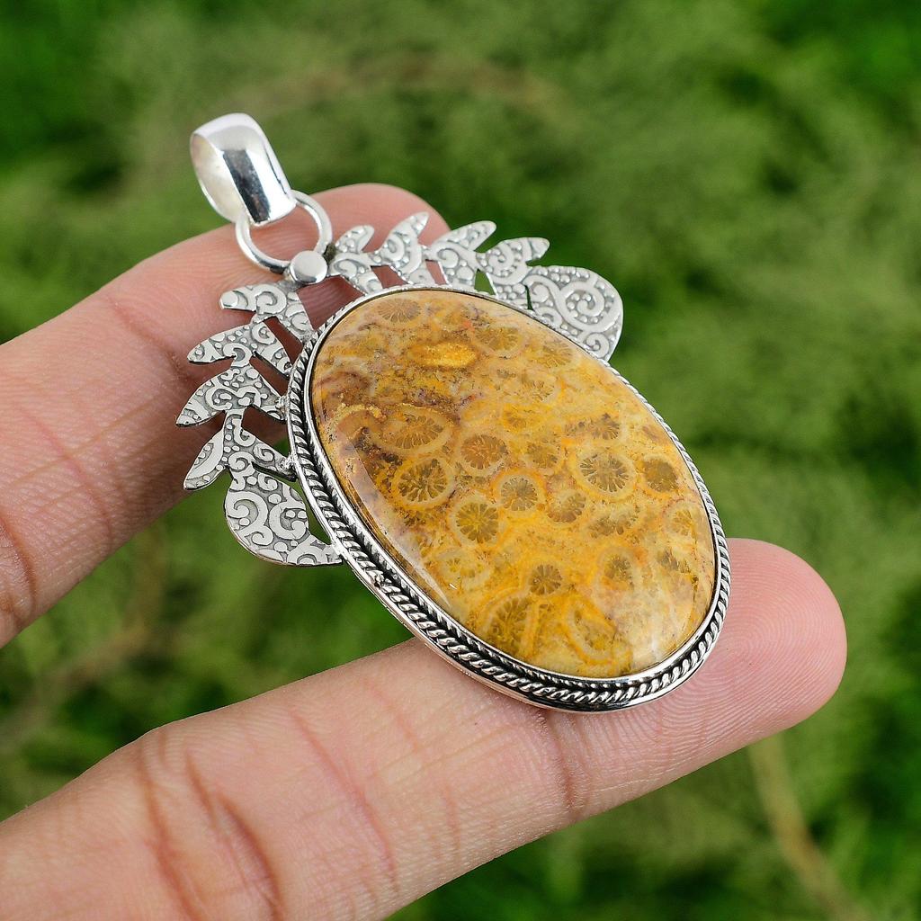 Daughters Day Sale Natural Fossil Coral Wife Pendant Jewelry 925 Sterling Silver