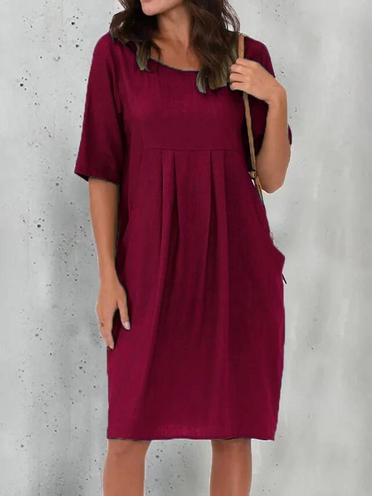 Women Loose Casual Cotton Linen Pleated Pocket Dress Short Sleeve Round Neck