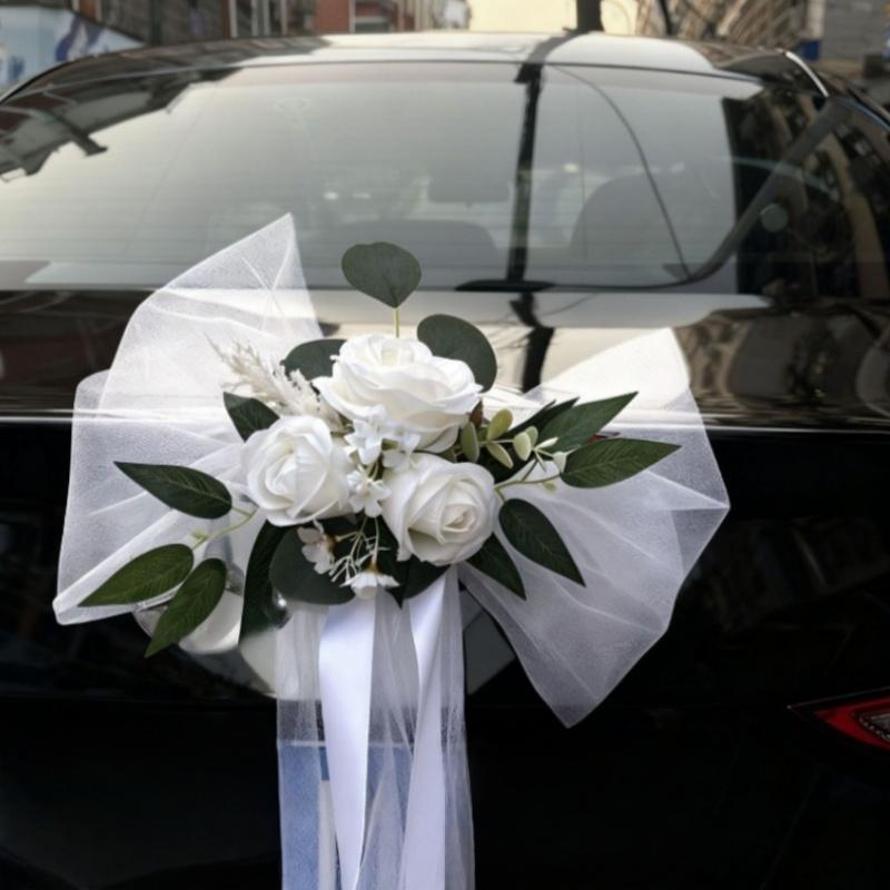 7-teiliges Set Hochzeitsauto Türgriff Spiegel Blumen-Set Band Schleifen Weiße Künstliche Rose Just Married Auto Dekor Zubehör