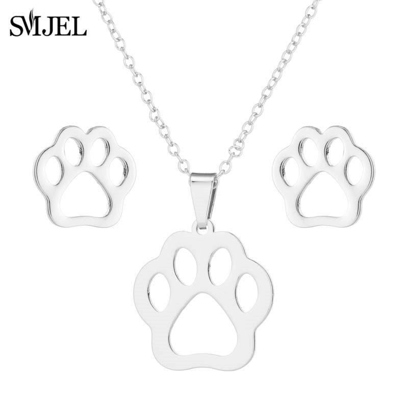 Lovely Gold Color Kitten Cat Stainless Steel Zircon Set Necklaces Men Collares Fashion Hollow Cat Earring Necklace Paw Zircon