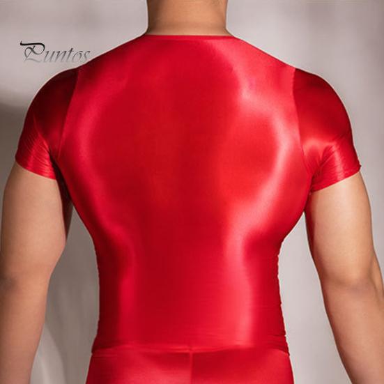 Men T-shirt Thin High Elasticity Round Neck Short Sleeves Slim Fit Good Breathability See-through Glossy Surface Top