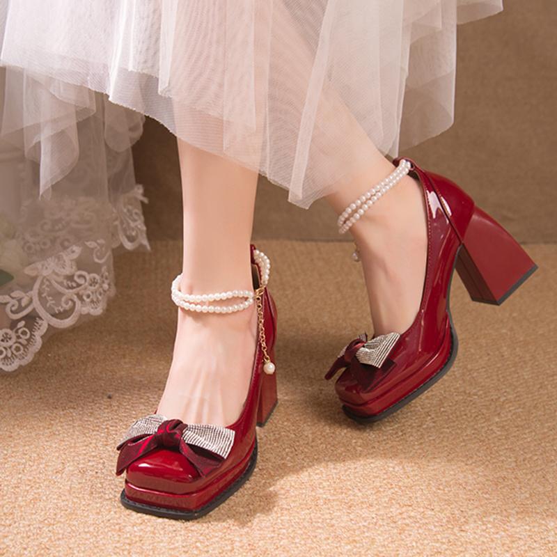 Fashion Pearl Strap High Heels Pumps Women Patent Leather Crystal Bowknot Party Shoes Woman Square Toe Thick Heel Mary Janes