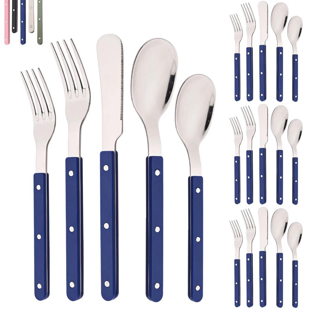 20Pcs Cutlery Set Acrylic Handle Tableware Knife Fork Set Stainless Steels Green Silver Western Dinnerware Home Kitchen Flatware