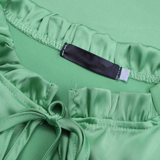 Women Shirt Stand Collar Ruffle Trim Long Sleeve Pullover Tops Solid Color Silky Satin Shirt Loose Fit Casual Tops