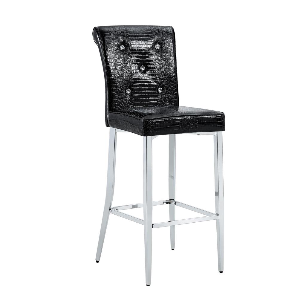 Bar Stools Set of 2, Black Crocodile Leather Look with Crystal Buttons, High-Back Kitchen Stools with Chrome Metal Legs, Kitchen Island Bar Counter