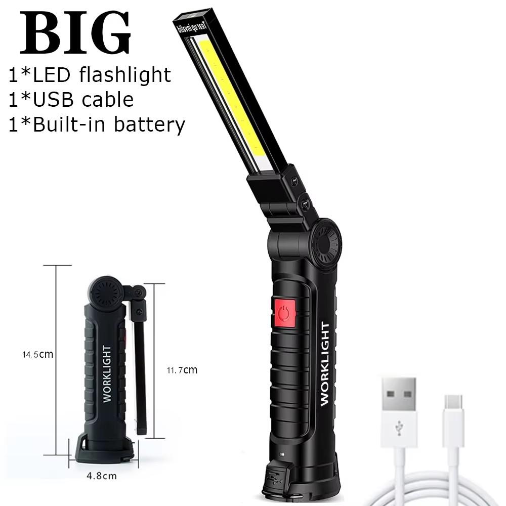 Portable COB LED Folding Flashlight - Magnetic Work Light Lantern USB Rechargeable Emergency Repair Camping Torch Lamp with Hook