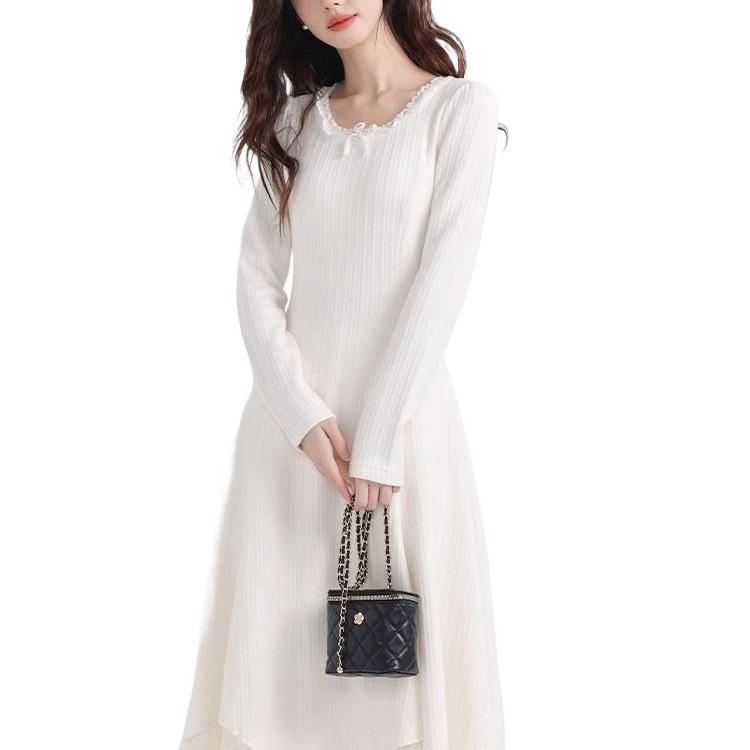 Pure White Lace Long Dress for Women - Versatile Inner Wear, Perfect for Pairing with Coats in Autumn and Winter 2025