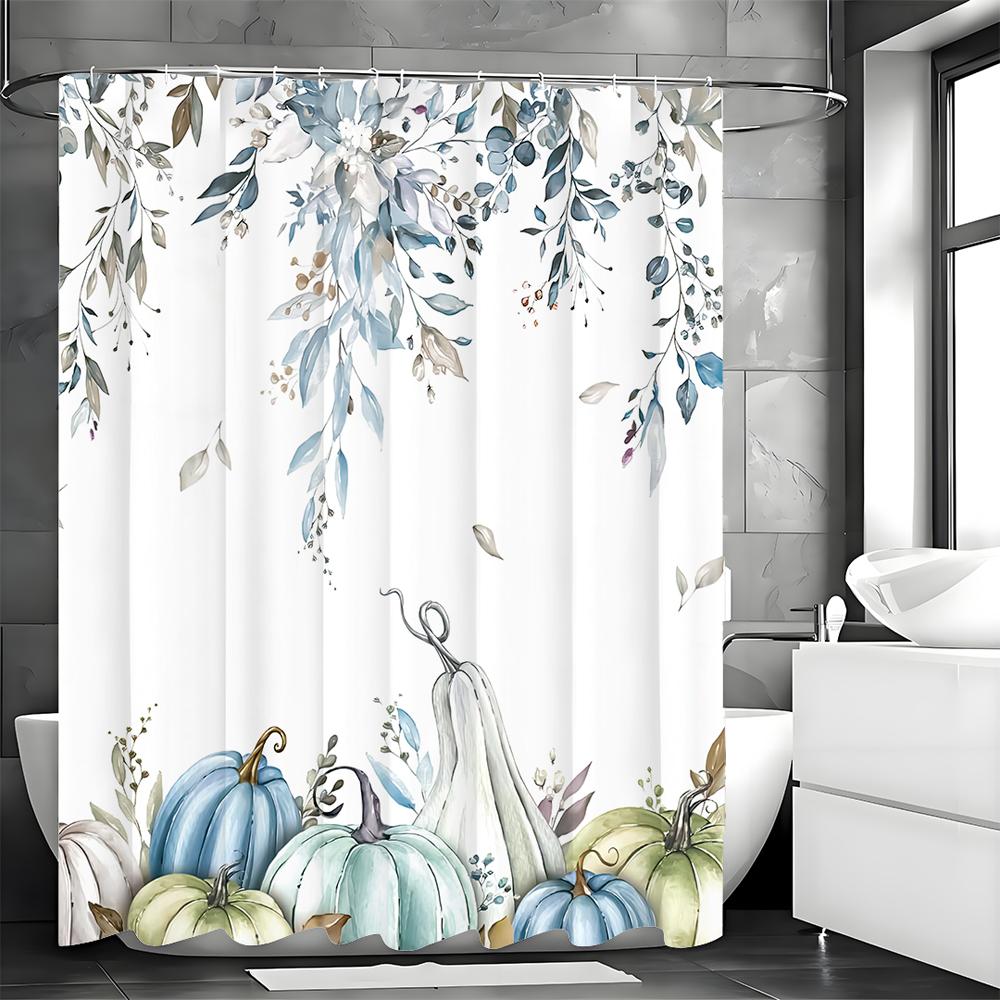 Autumn Harvest Pumpkin Eucalyptus Leaf Floral Shower Curtain, Bathroom Decorative Shower Curtain, Waterproof Shower Curtain with