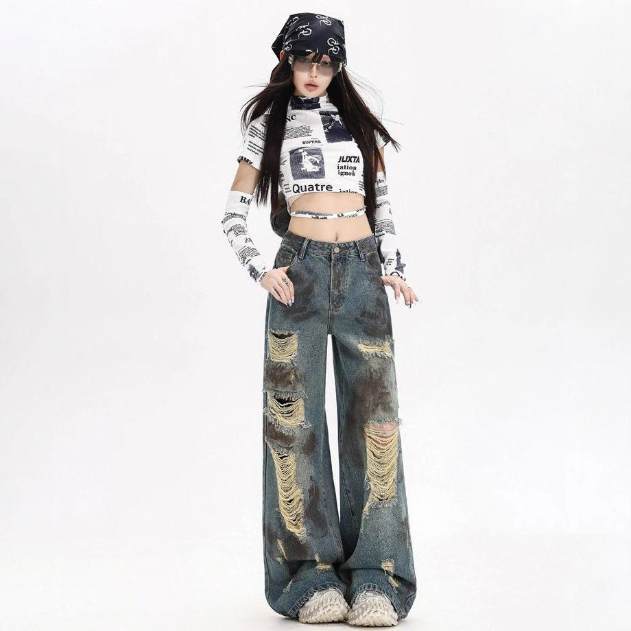Comfortable Street Broken Holes Jeans Women Autumn Retro Loose Casual Washed Straight Wide Leg Pants Street Style Drag Floor Trousers Long Denim Pants