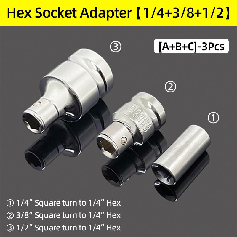 1/4" 3/8” 1/2” Square Drive To 1/4" Hex Shank Socket Adapter Converter Quick Change Bit Holder Repair Hand Tools Accessories