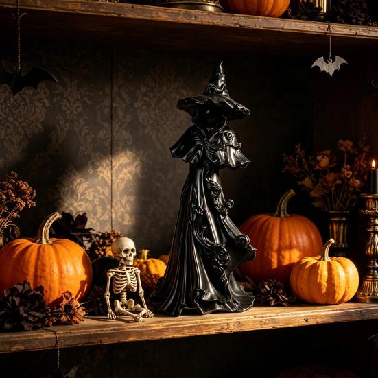 Dark Aesthetic Shelf Ornaments 12 Inch Black Resin Faceless Witch Figurine, Gothic Spooky Robed Statue with Sculpture for Home Pointed Wizard