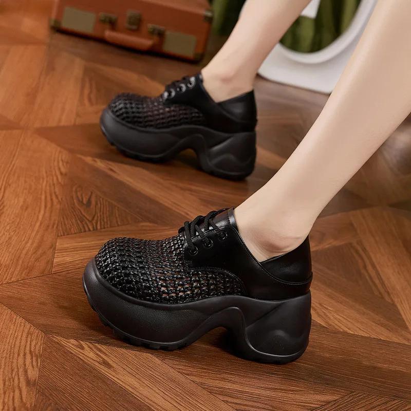 Fashion 9CM Weave Patent Synthetic Microfiber Leather Fashion Women Sandals Chunky Sneakers Hollow Bling Vulcanize Platform Wedge Shoes