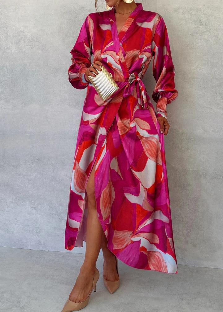 2026 European and American autumn new long-sleeved dress, printed V-neck lace-up split-ended long-sleeved dress for women S