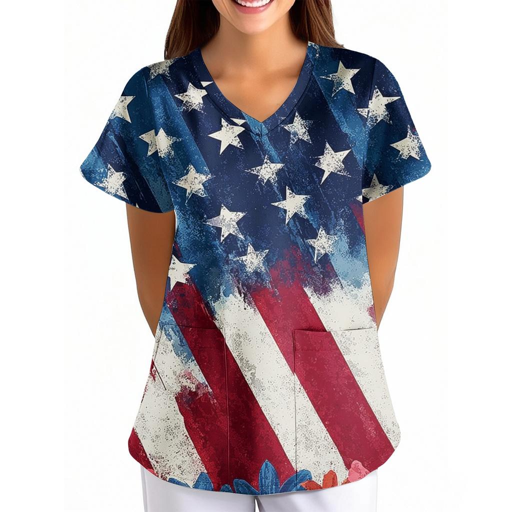 Women's Independence Day Printed Loose V-Neck Pocket Short-Sleeve Caregiver/Uniform