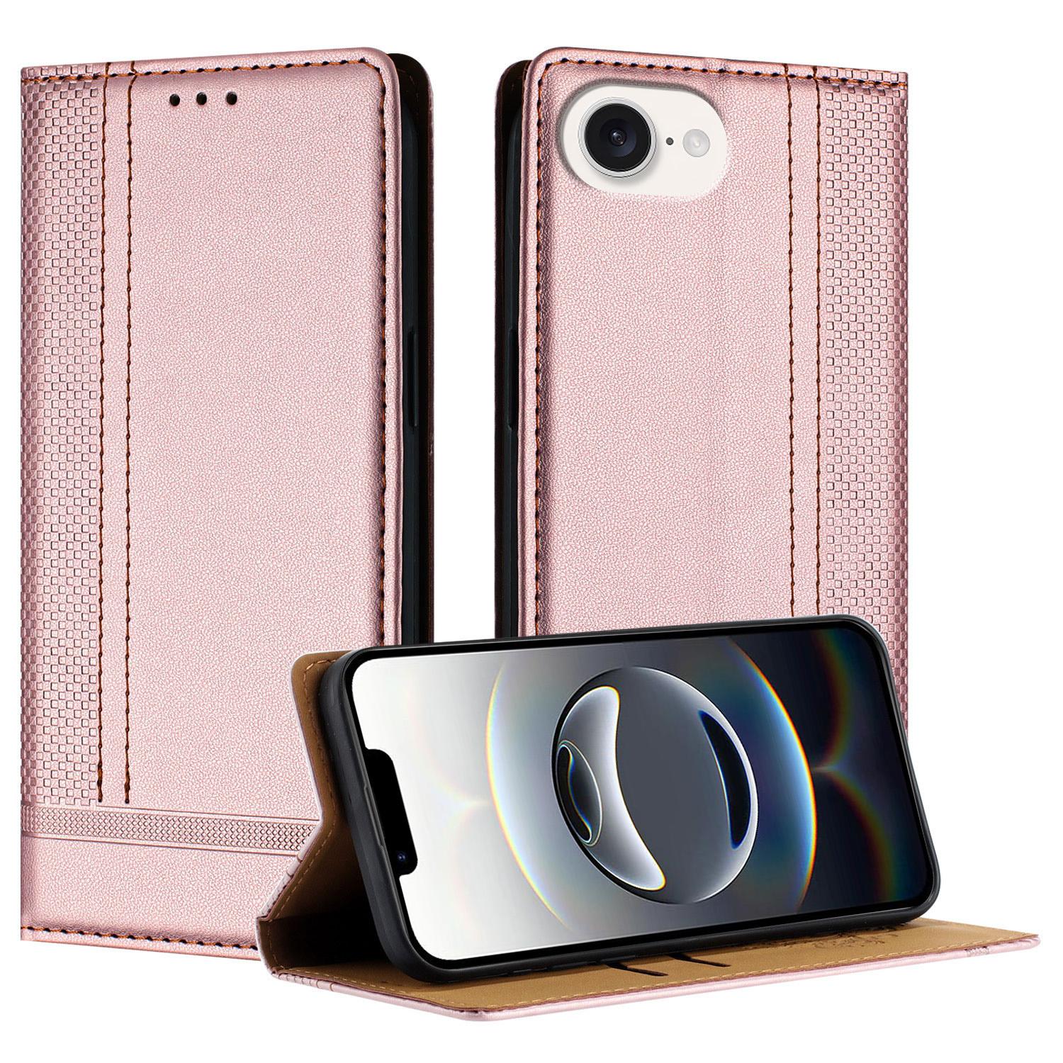 

For iPhone 16e Case L-Shaped Grid Pattern Leather Stand Phone Cover with Card Slots Rose Gold