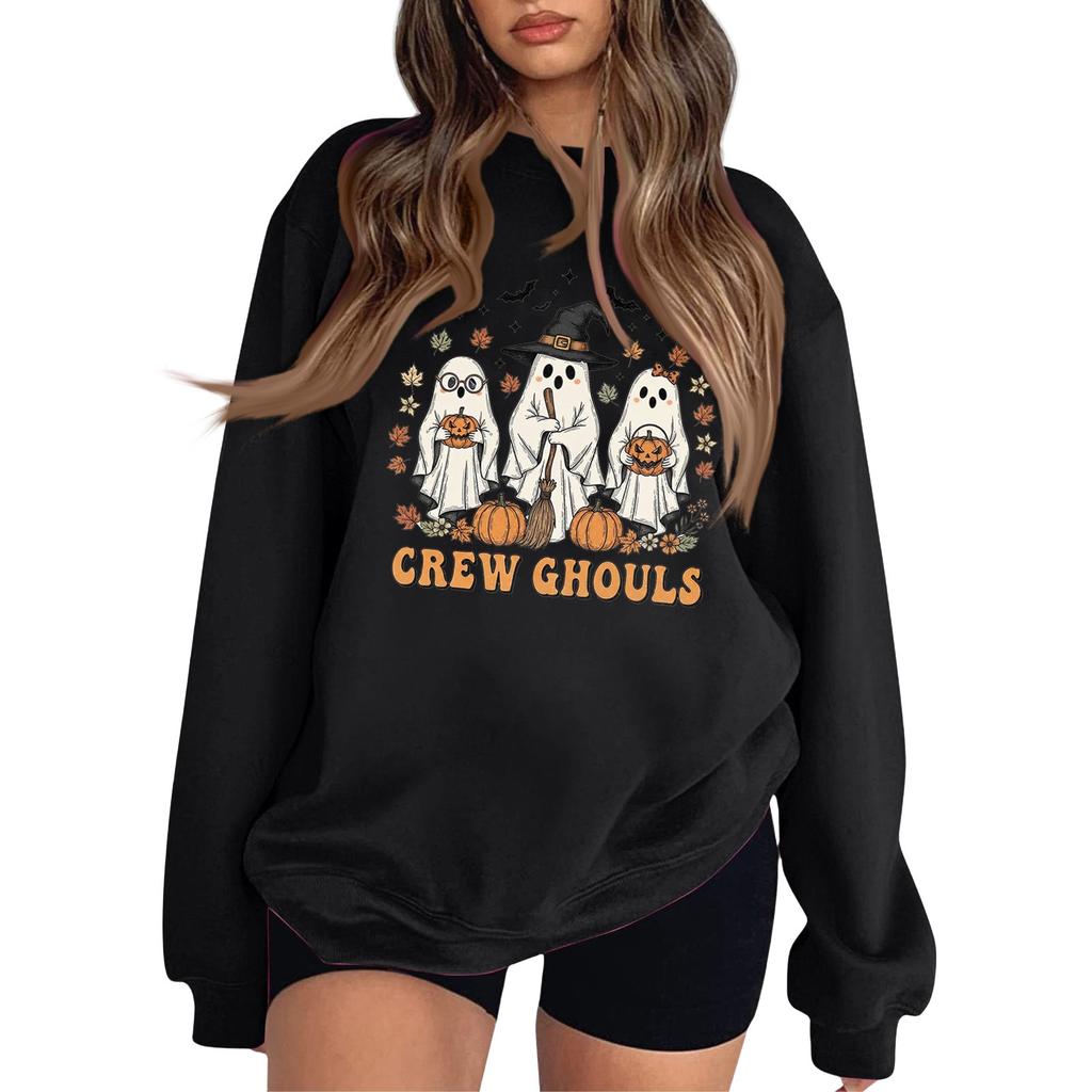 Women's Fashion Round Neck Long Sleeve Hoodie Halloween Small Print Hoodie