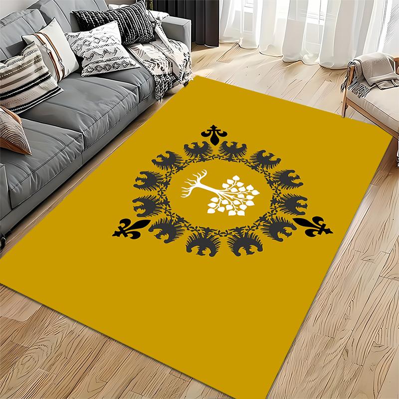Tree and Crest Design on Gold Rug - Non-slip rug suitable for living room and bedroom sofas.