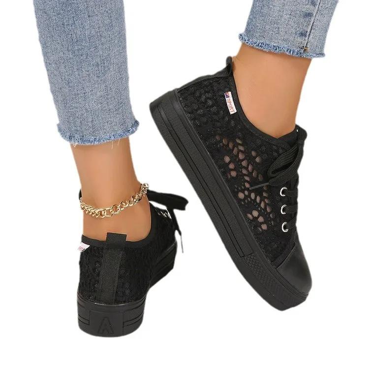 Women's white lace canvas sneakers, fashionable casual summer shoes, breathable thick sole breathable sneakers