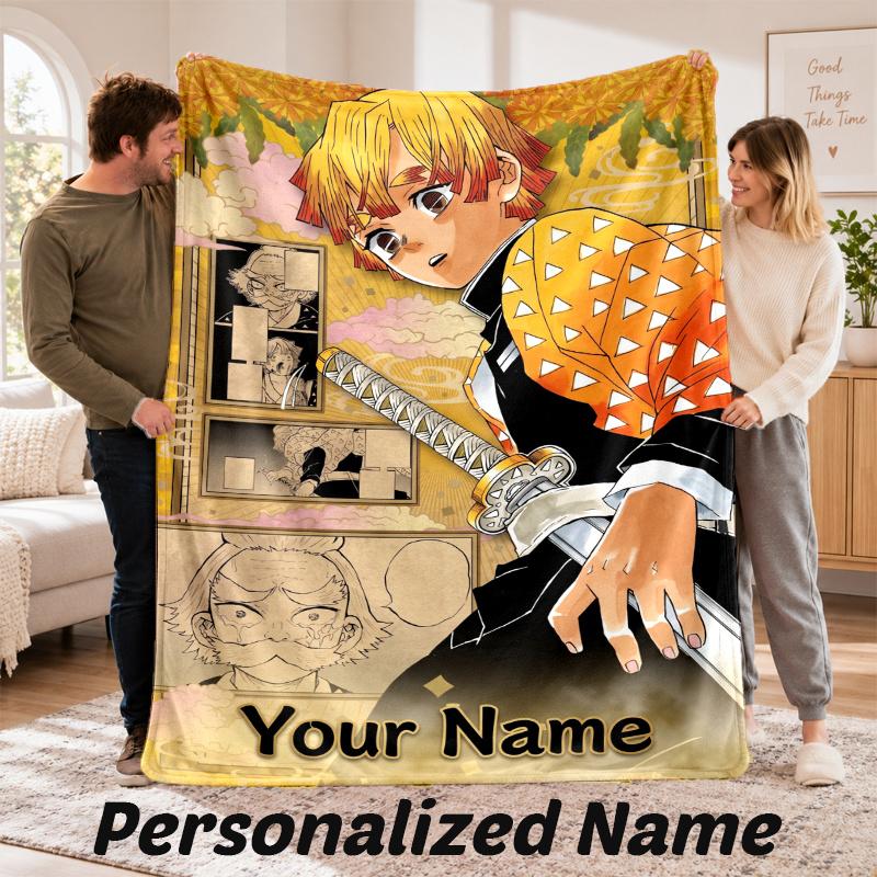 Custom Name Zenitsu Agatsuma Flannel Throw Blanket Personalized Text Soft Blanket Bed Sofa Gift
