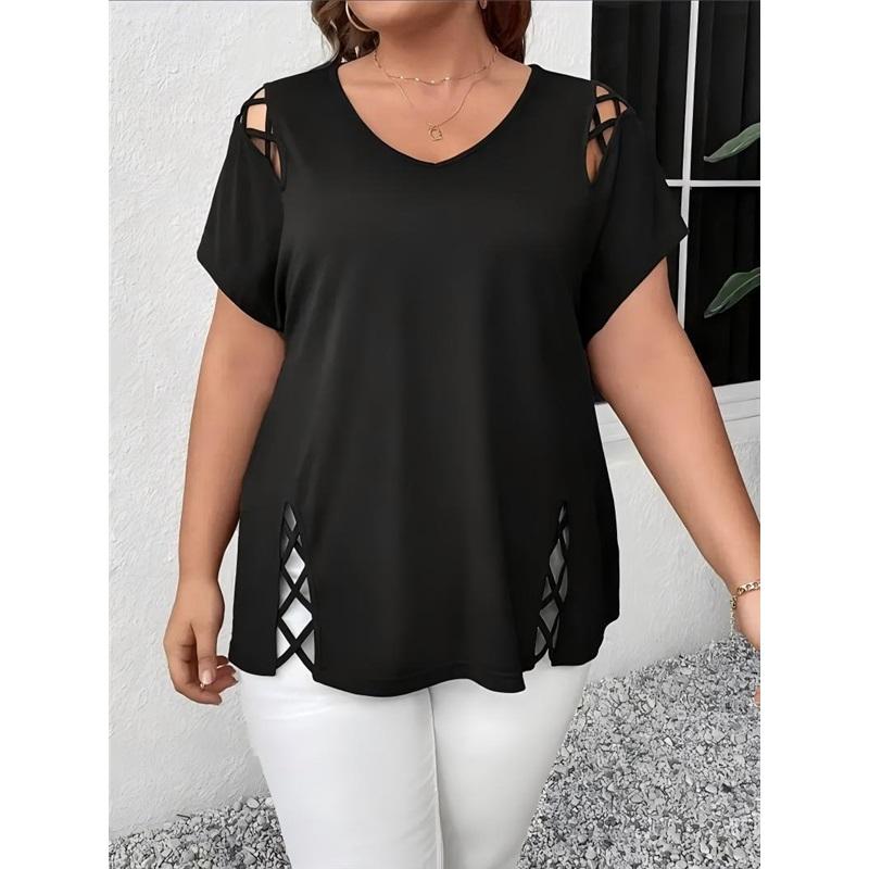 Summer V-neck Side Cross Hollow Short Sleeved T-shirt Top 1XL чёрный