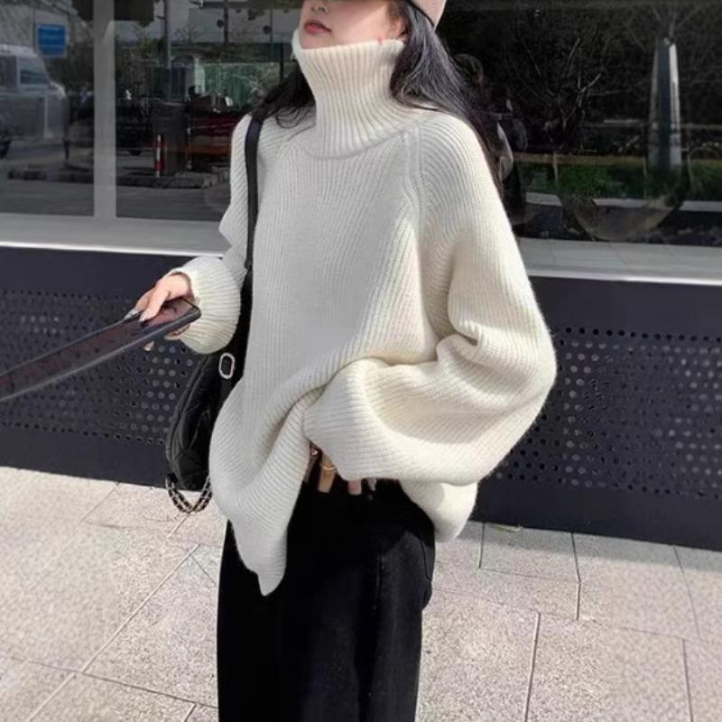 New loose medium and long lazy wind side zipper lapel knitted sweater for women's autumn and winter women + cardigan sweater for women
