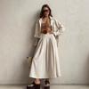 Womens Khaki Linen Blend Two-Piece Set: Short Zip-Up Shirt Jacket With High-Waisted Pleated Midi Skirt Casual Outfit