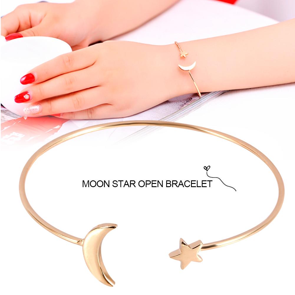 Female Open Bracelet Copper Plating Wristband Bangle with Moon Star Decoration (Gold)