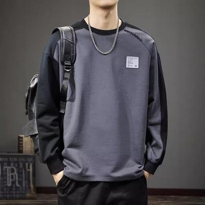 Amerikanische Trendmarke Designgefühl Kontrastpullover Herren Herbst Schwerbaumwolle Locker Rundhalsausschnitt Langarm T-Shirt