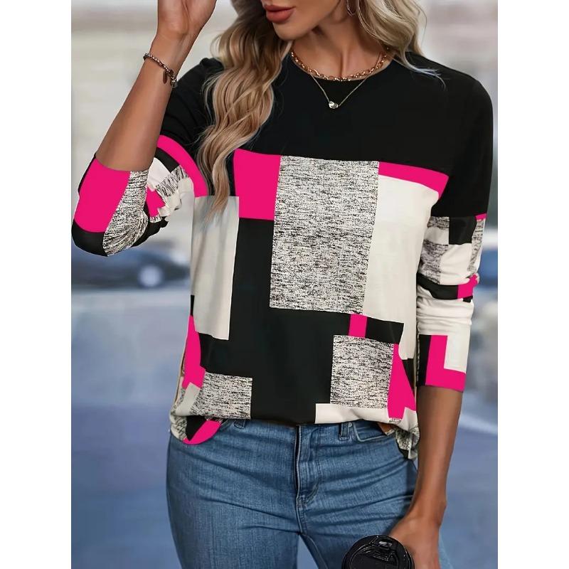 Geometric Color Block Top Women's Fashionable Contrasting Long Sleeved T-shirts