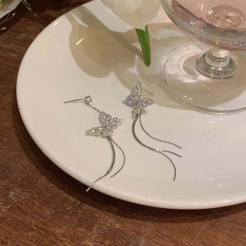 Fashion Asymmetric Butterfly Tassel Earrings for Women 2026 Luxurious Zircon Crystal Tassel Earrings Wedding Jewelry Accessories
