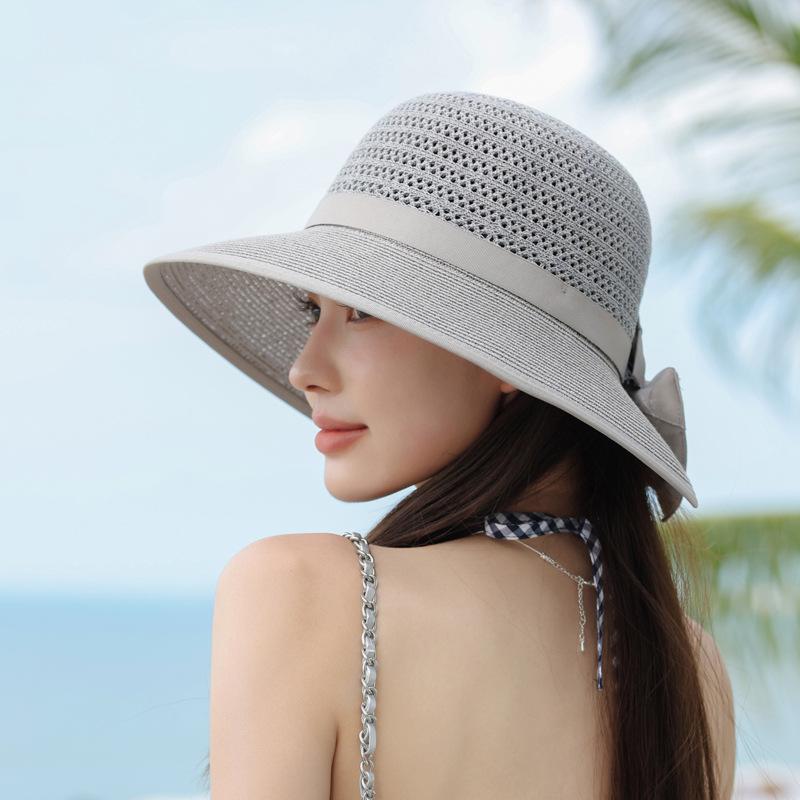 Summer seaside beach sunscreen hat women's fashion bow sun hat big eaves hollow breathable sunshade bucket hat