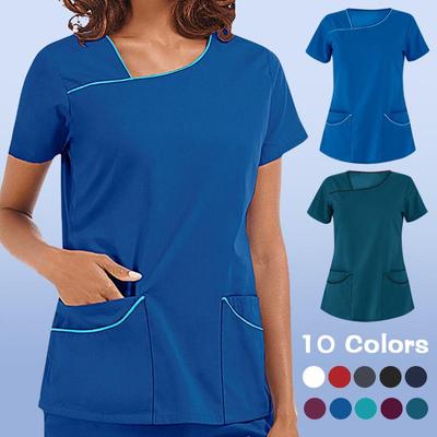 Pantalon D'Été Pour Femme - T-shirt Infirmière Léger Col V Manches Courtes Avec Poche - Blouse Unie Noire