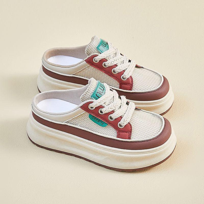 2025 Summer Half Tray White Shoes New Korean Version Ins Female Students Platform Mesh Casual Low-top Lace-up Slippers
