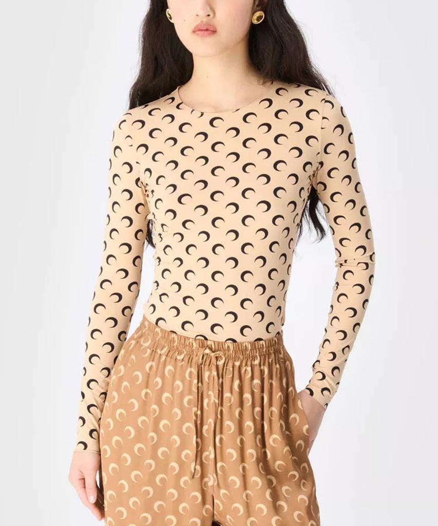MARINE SERRE (W) Moon Printed Jersey Long Sleeve Crewneck Top Tan