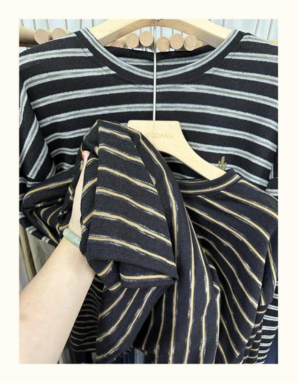 Xiao Wang's 52009 Autumn Korean-Style Loose Plus Size Casual Striped Round Neck Long Sleeve T-shirt