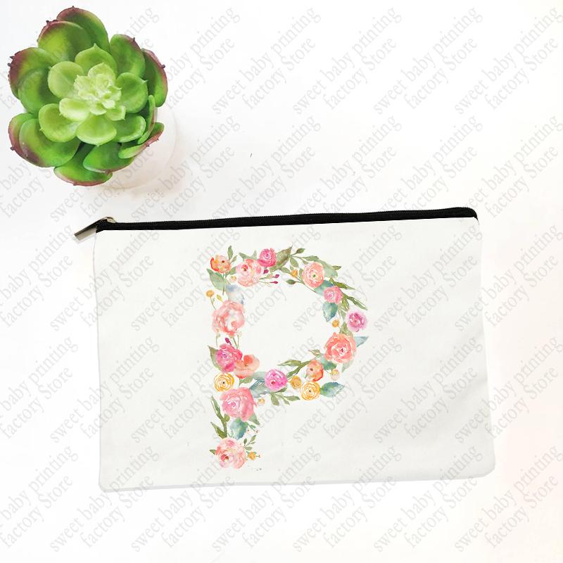Initials Flower Women White Cosmetic Bag Travel Lipstick Bags Mujer Bolsas Bridesmaid Maid of Honor Makeup Bag Wristlet Clutch