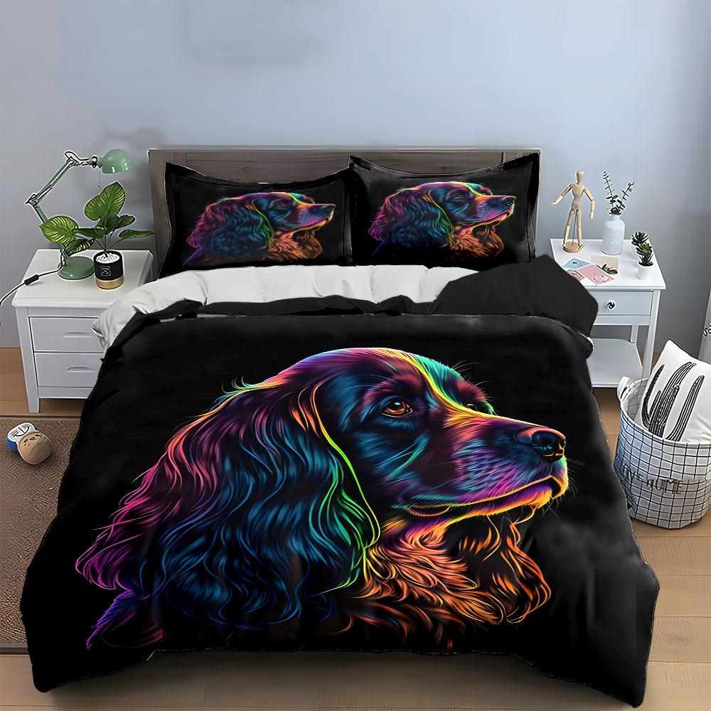 3Pcs Neon Spaniel Bedding Set, Colorful Rainbow Cocker Spaniel Print Duvet Cover + 2 Pillowcases, Dog Lover Decor