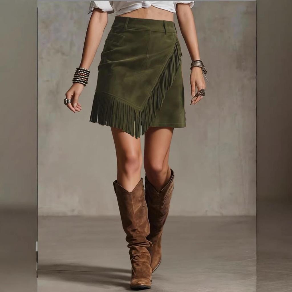 Retro Western Style Suede Asymmetrical Hem Plush Bodycon Skirt for Women