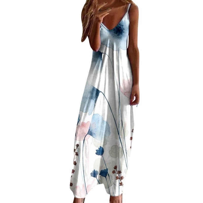 Women's Plus Size V-Neck Spaghetti Strap Long Dress - European & American Style
