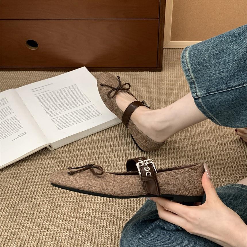 Internet Celebrity Square Head Women's Shoes Autumn New Flat Bow Single Shoes Ballet Silver Belt Buckle Mary Jane Shoes