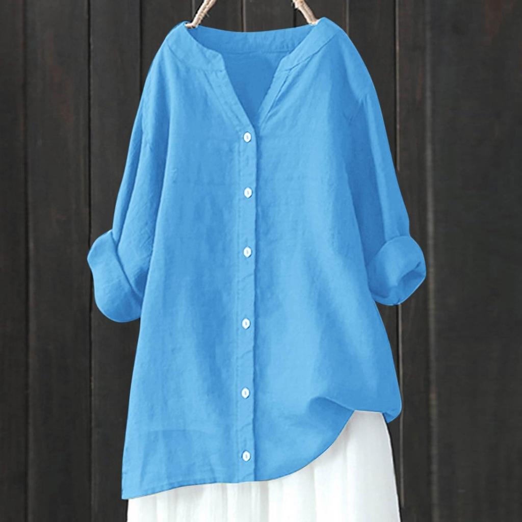 Damen Langarm Knopf Farbe Lockeres Hemd Freizeit Hemd