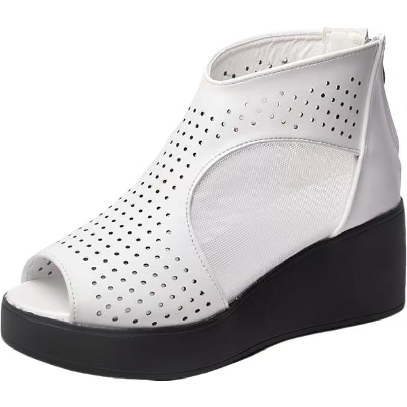 

Женские кожаные ботильоны на танкетке с вырезами Летние Новые Толстая подошва Сетчатые Дышащие Высокий каблук Молнии Открытый носок Крутые ботинки 34 белый