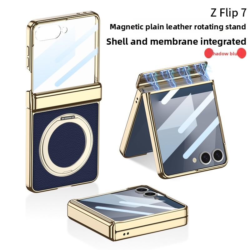 For Samsung Galaxy Z Flip 7 Case Luxury PU Leather Skin Hinge MagSafe Magnetic Ring Stand Protect Back Cover For Z Flip7 Shell