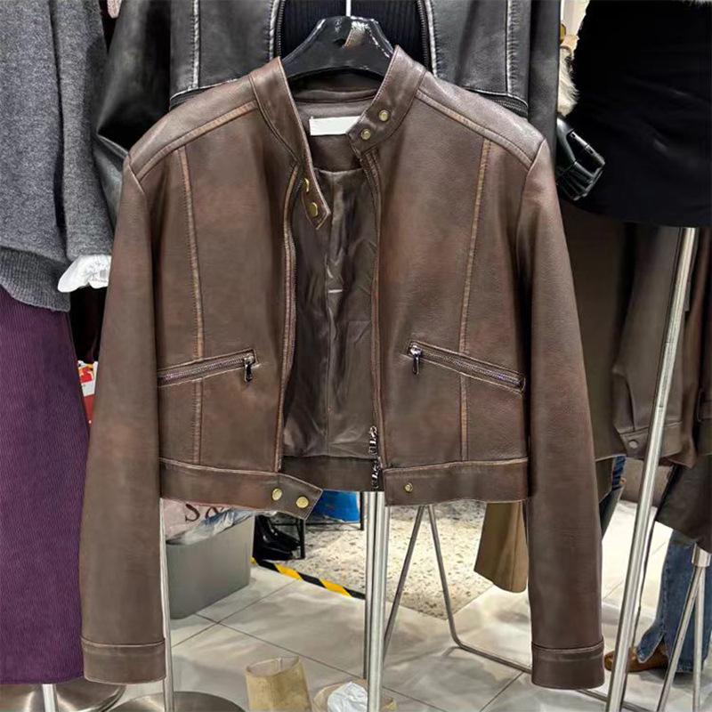 Retro Edge-grabbed Leather Short Jacket for Women In Autumn New Slim Fit Motorcycle PU Leather Jacket Trendy Top